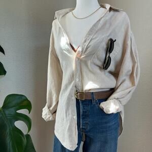 Beige Linen Button Down Shirt Oversized Relaxed Fit